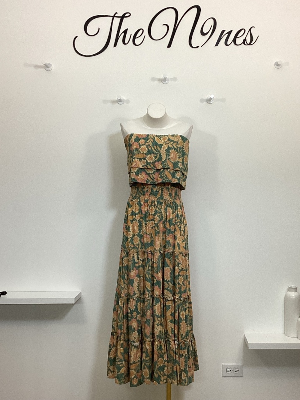 1.STATE Green & Yellow Strapless Ruffled Midi Dress XL NWT